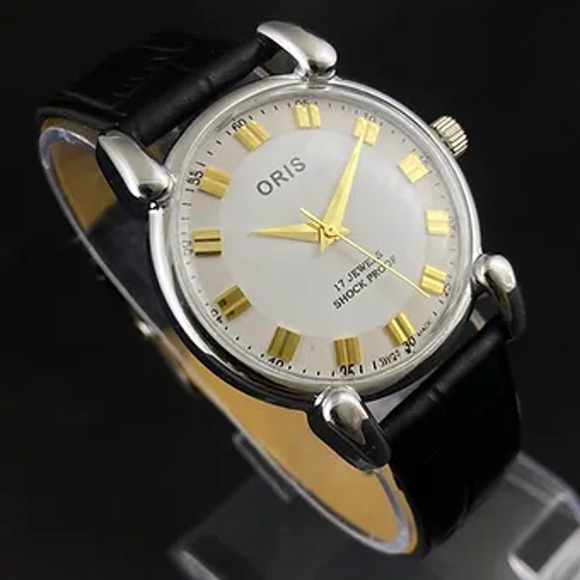 Vintage 1973 Oris Manual Mens Silver Watch W/Leather Strap & Gold accents - Picture 4 of 6